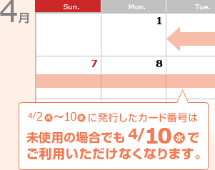 4��2���i�Ηj���j�`4��10���i���j���j�ɔ��s�����J�[�h�ԍ��͖��g�p�̏ꍇ�ł�4��10���i���j���j�ł����p���������Ȃ��Ȃ�܂��B